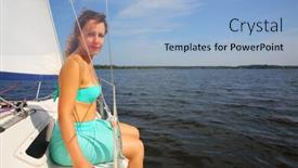  Presentation with yacht - PPT theme featuring pretty woman sits on yacht during sailing on river at sunny summer day background and a light blue colored foreground