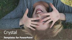  Presentation with hands down - Beautiful PPT theme featuring pretty-woman-smile-face-portrait backdrop and a gray colored foreground