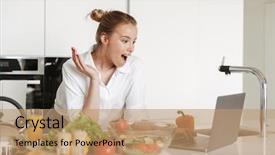  Presentation with cute - Colorful PPT theme enhanced with pretty woman standing in kitchen backdrop and a coral colored foreground