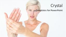  Presentation with hand wrist pain - Colorful PPT theme enhanced with pretty woman suffering from hand backdrop and a  colored foreground