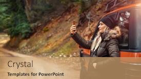  Presentation with road trip - Cool new PPT theme with pretty-woman-taking-a-selfie backdrop and a coral colored foreground