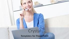  Presentation with purchasing - Slide deck consisting of pretty woman thinks about purchasing through the internet background and a teal colored foreground