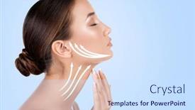  Presentation with anti aging - Beautiful PPT theme featuring pretty-woman-touching-her-neck backdrop and a sky blue colored foreground