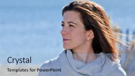  Presentation with mindfulness smile - Slide deck enhanced with pretty woman with confident smile background and a  colored foreground