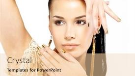  Presentation with jewelry gold - Colorful presentation design enhanced with pretty woman with golden nails and beautiful gold jewelry isolated on white background backdrop and a lemonade colored foreground