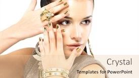  Presentation with jewelry gold - PPT theme having pretty woman with golden nails and beautiful gold jewelry isolated on white background background and a lemonade colored foreground