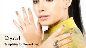  Presentation with golden woman - Colorful presentation theme enhanced with pretty woman with golden nails and beautiful precious stone emerald - isolated on white background backdrop and a lemonade colored foreground