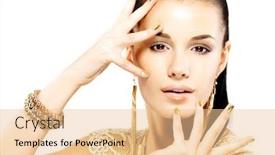  Presentation with jewelry gold - Beautiful presentation theme featuring pretty woman with golden nails and beautiful gold jewelry isolated on white background backdrop and a lemonade colored foreground