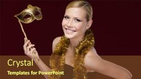  Presentation with masquerade purple - Colorful theme enhanced with pretty woman with masquerade mask and tinsel isolated on purple backdrop and a tawny brown colored foreground
