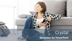  Presentation with smart - Audience pleasing presentation design consisting of pretty-woman-with-smart-phone backdrop and a ocean colored foreground