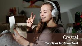  Presentation with chat - PPT theme consisting of pretty-woman-with-toothy-smile background and a tawny brown colored foreground