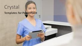  Presentation with digital trransportation - PPT layouts featuring pretty-young-assistant-with-digital background and a mint green colored foreground