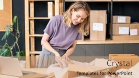  Presentation with female - Audience pleasing PPT theme consisting of pretty-young-blond-female-manager backdrop and a coral colored foreground