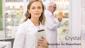  Presentation with pharmacist - Cool new presentation theme with pretty-young-blond-pharmacist backdrop and a soft green colored foreground