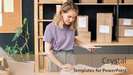  Presentation with gadget - Colorful PPT theme enhanced with pretty-young-blond-woman backdrop and a coral colored foreground