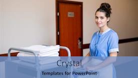  Presentation with clean - Slide set with pretty young brunette chamber maid pulling cart with clean towels while moving along corridor in hotel background and a light blue colored foreground