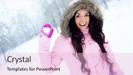  Presentation with snowball - Colorful PPT theme enhanced with pretty young brunette woman throwing a snowball outdoor in a winter park backdrop and a lemonade colored foreground
