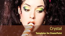  Presentation with lollipop - Cool new presentation theme with pretty young brunette woman with a lollipop isolated against blue background backdrop and a tawny brown colored foreground