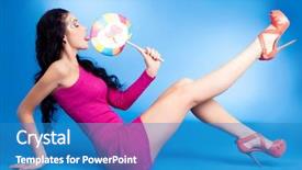  Presentation with lollipop - Slide deck having pretty young brunette woman with a lollipop isolated against blue background background and a teal colored foreground