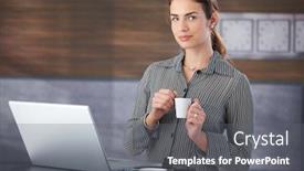  Presentation with coffe - Slide deck featuring pretty young businesswoman having a break drinking coffe in office buffet background and a gray colored foreground