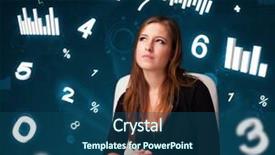  Presentation with statistics - PPT theme enhanced with pretty young businesswoman sitting at desk with diagrams and statistics background and a ocean colored foreground
