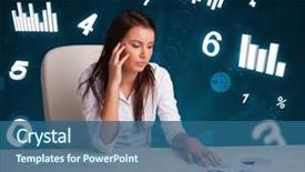  Presentation with statistics - Beautiful PPT theme featuring pretty young businesswoman sitting at desk with diagrams and statistics backdrop and a ocean colored foreground
