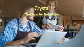  Presentation with computer workshop - Slide deck featuring pretty young carpenter and her bearded colleague brainstorming in workshop he showing her something on computer screen while she looking at it with interest background and a tawny brown colored foreground