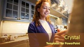  Presentation with payment - Cool new slide set with pretty young cashier entering information about order in computer to get payment bill backdrop and a tawny brown colored foreground