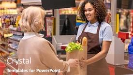  Presentation with cash - Presentation design with pretty-young-cashier-giving-mature background and a coral colored foreground