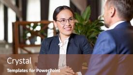  Presentation with business partner - Amazing slide set having pretty young cheerful agent in formalwear and eyeglasses looking at business partner or client during working discussion backdrop and a tawny brown colored foreground