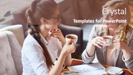  Presentation with herbal - Cool new presentation with pretty young colleague taking short break from work and enjoying herbal tea and pleasant conversation in cozy small cafe backdrop and a tawny brown colored foreground