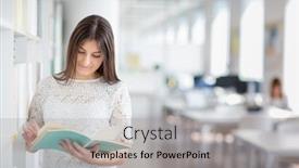  Presentation with exam - PPT theme with pretty young college student looking for a book in the library studying for her exam background and a light gray colored foreground