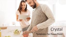  Presentation with recipe - Beautiful presentation featuring pretty young couple cooking backdrop and a coral colored foreground