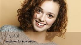  Presentation with alone - Audience pleasing slides consisting of pretty young curly woman with cute smile poses alone against beige background backdrop and a coral colored foreground
