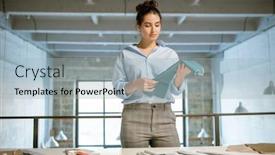  Presentation with textile - Colorful PPT theme enhanced with pretty-young-designer-of-clothes backdrop and a light blue colored foreground