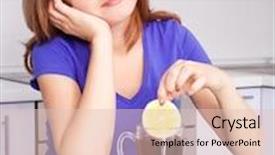  Presentation with black tea - Cool new presentation theme with pretty young dreamy woman drinking black tea with lemons in the kitchen at home backdrop and a lemonade colored foreground