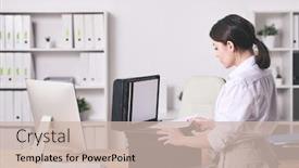  Presentation with xerox - Theme having pretty-young-elegant-secretary-standing background and a soft green colored foreground