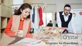  Presentation with thinking - Colorful presentation theme enhanced with pretty-young-fashion-designer-thinking backdrop and a soft green colored foreground
