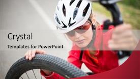  Presentation with mountain bike - Cool new PPT layouts with pretty young female biker outdoors on her mountain bike shallow dof selective focus backdrop and a light gray colored foreground