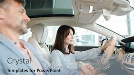  Presentation with car buying - Beautiful PPT theme featuring pretty-young-female-client backdrop and a light blue colored foreground