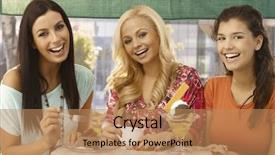  Presentation with ice cream cake - Cool new PPT theme with pretty young female friends having cake and ice cream at outdoor cafe smiling happy backdrop and a coral colored foreground