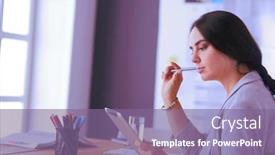  Presentation with using digital tablet - Cool new PPT theme with pretty-young-female-manager-using backdrop and a violet colored foreground