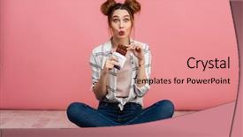  Presentation with pretty girl - Cool new PPT theme with pretty young girl eating chocolate backdrop and a coral colored foreground
