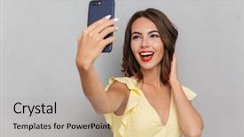  Presentation with girl in red dress - PPT theme with pretty young girl in dress background and a light gray colored foreground