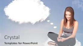  Presentation with bubble - Amazing PPT theme having pretty young girl sitting on cloud and thinking of abstract speech bubble with copy space backdrop and a light gray colored foreground