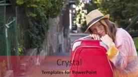  Presentation with cities - Cool new presentation theme with pretty young girl sitting on the streets of european cities with the red suitcase travel concept backdrop and a red colored foreground