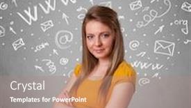  Presentation with doodles - PPT theme with pretty young girl with abstract white media icon doodles on gradient background background and a coral colored foreground