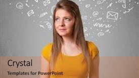  Presentation with doodles - Amazing presentation design having pretty young girl with abstract white media icon doodles on gradient background backdrop and a gold colored foreground