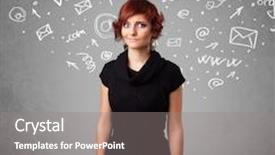  Presentation with doodles - Amazing PPT layouts having pretty young girl with abstract white media icon doodles on gradient background backdrop and a gray colored foreground