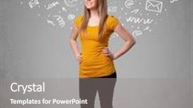  Presentation with doodles - Presentation theme enhanced with pretty young girl with abstract white media icon doodles on gradient background background and a gray colored foreground